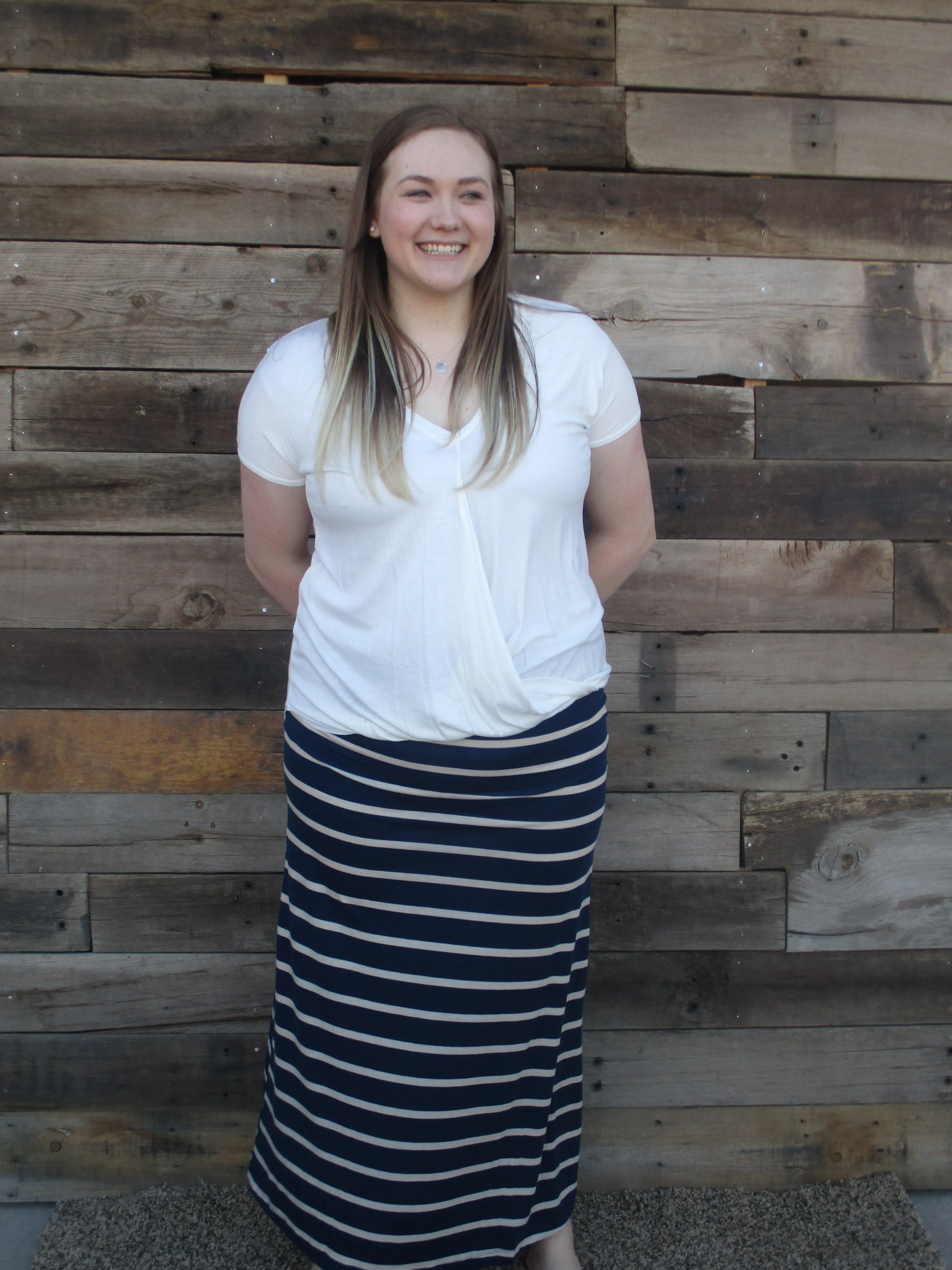 Navy and Tan Striped Maxi Skirt