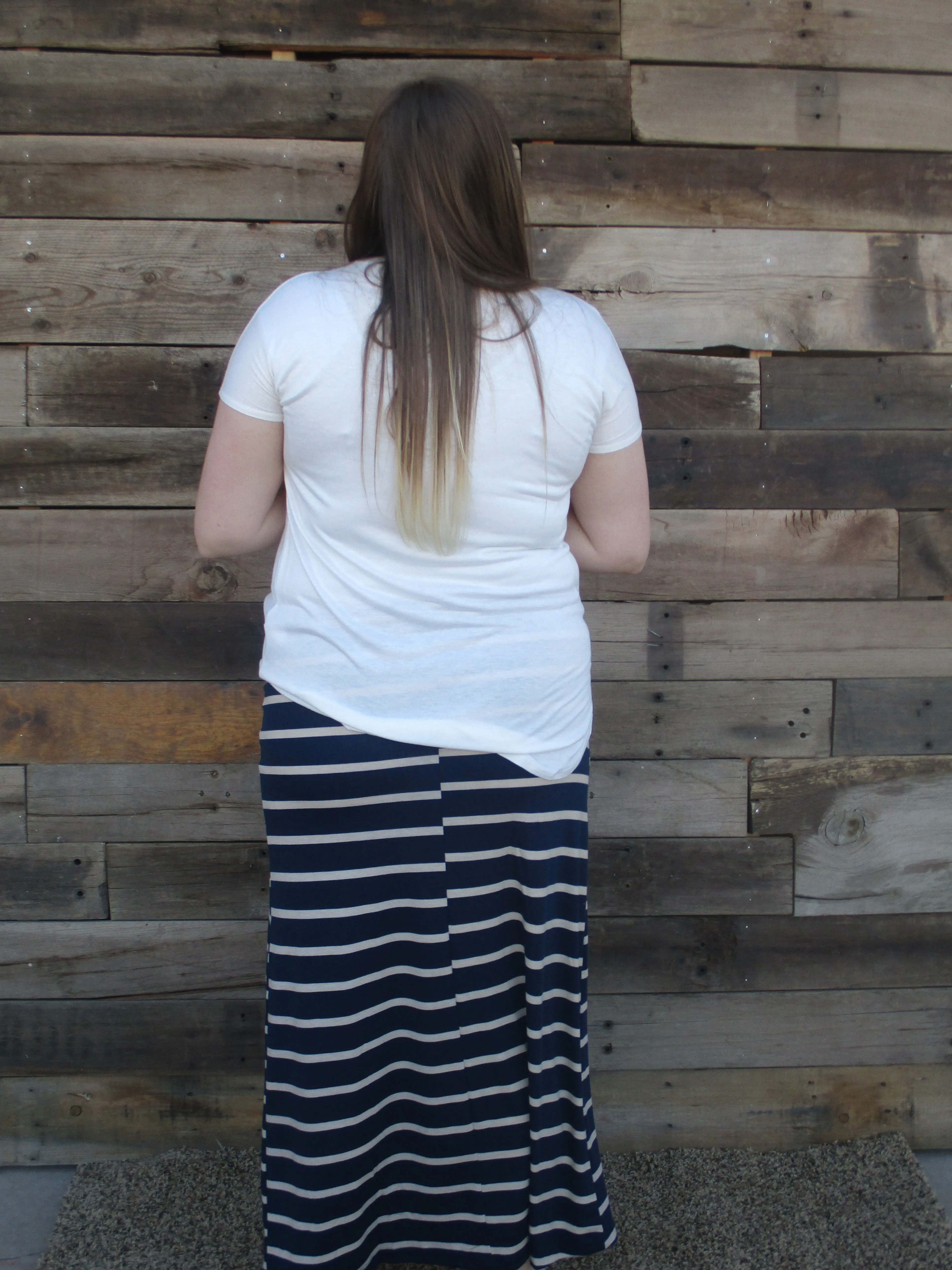 Navy and Tan Striped Maxi Skirt