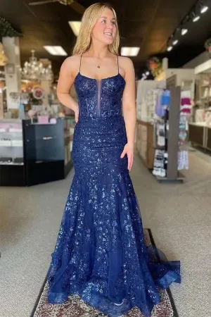 Navy Blue Mermaid Spaghetti Straps V-neck Lace Appliques Prom Dress, MP979