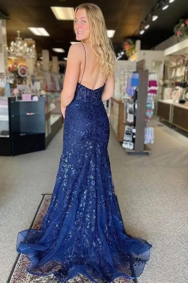 Navy Blue Mermaid Spaghetti Straps V-neck Lace Appliques Prom Dress, MP979