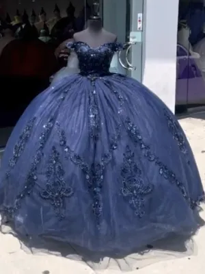 Navy Blue Off The Shoulder Ball Gown Quinceanera Dress       cg25437