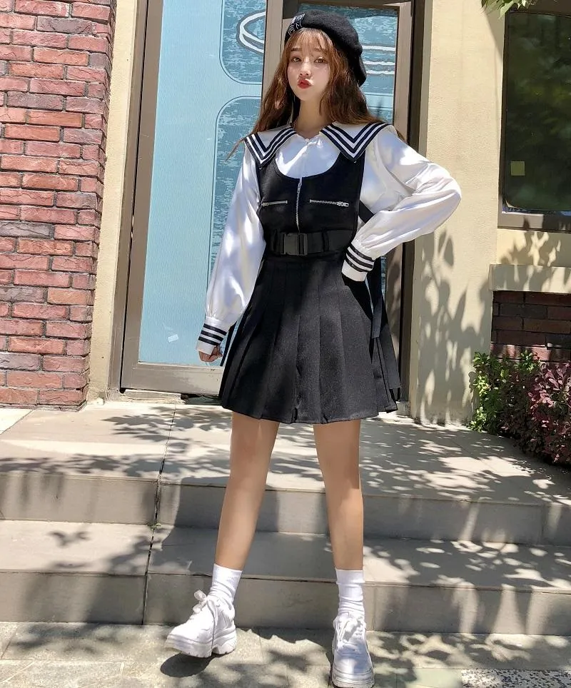 Navy School Shirt/Plaid Strap Dress SD00296