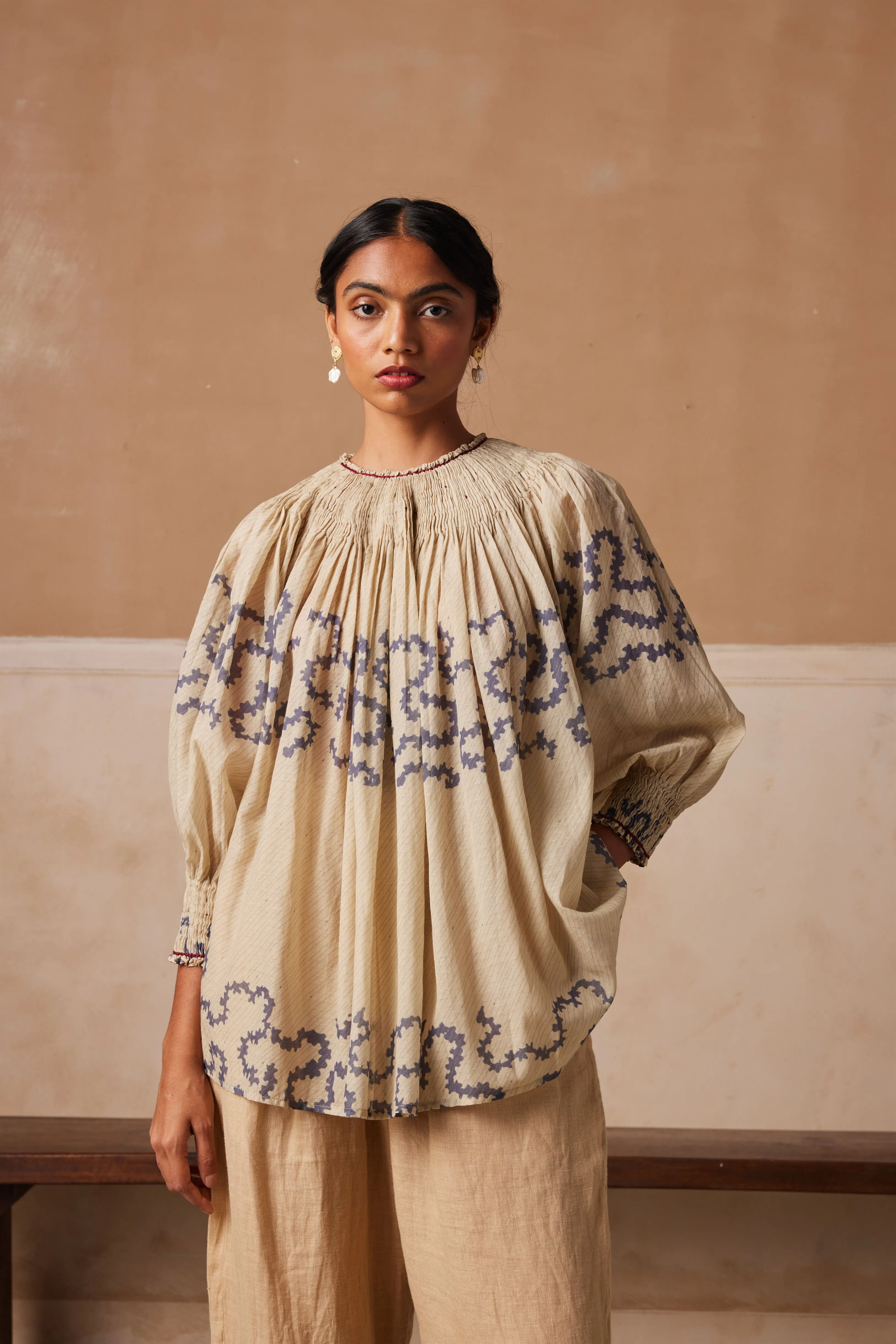 New Season Summer Fall 24-Top Gathered Cotton Ivory Spiral-SS24-GT-IVYS-Fashion Edit Cord Studio