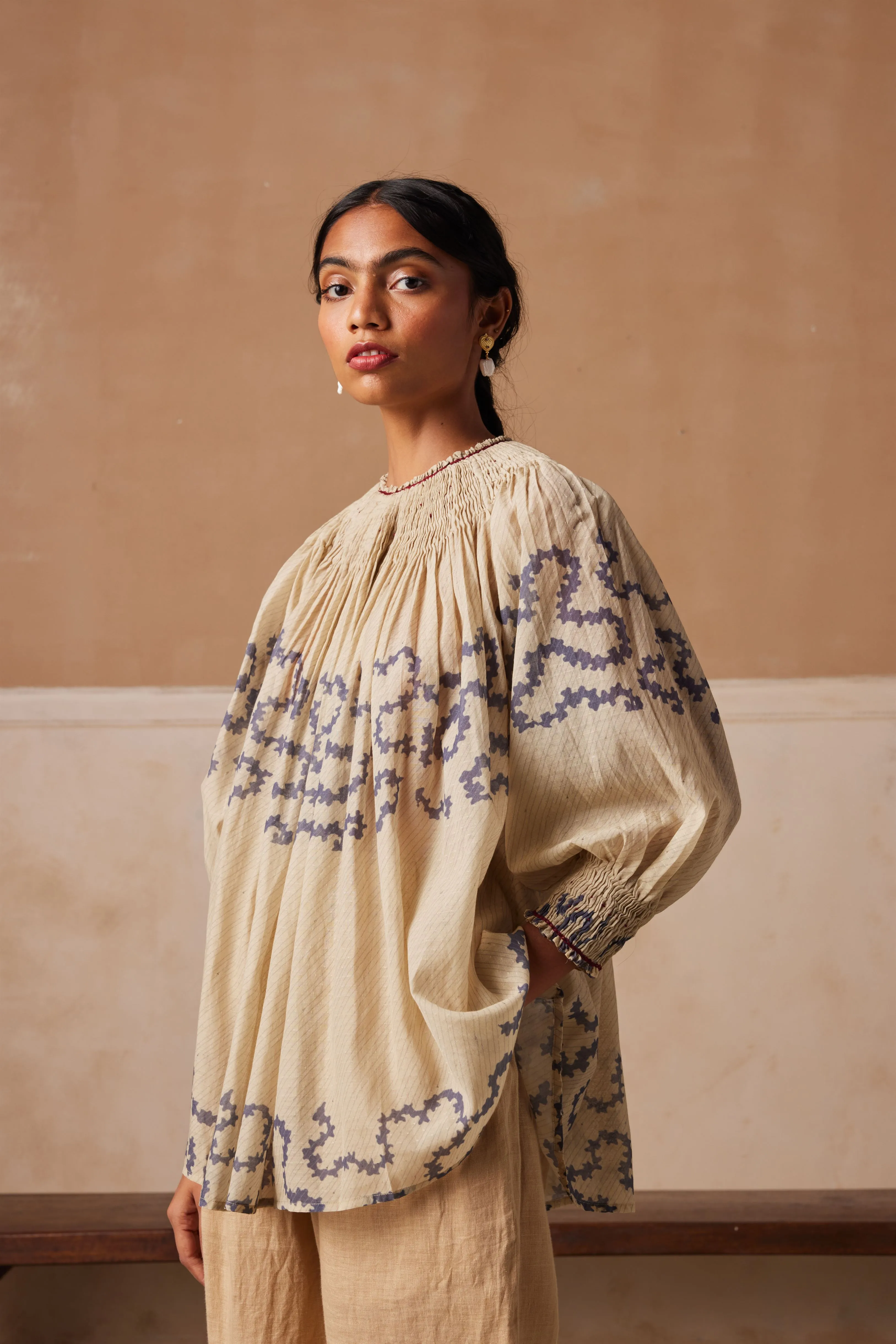 New Season Summer Fall 24-Top Gathered Cotton Ivory Spiral-SS24-GT-IVYS-Fashion Edit Cord Studio