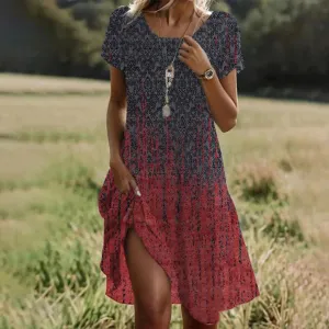 New Summer Artistic Ethnic Style Scoop Mid-length Dress Sz XL