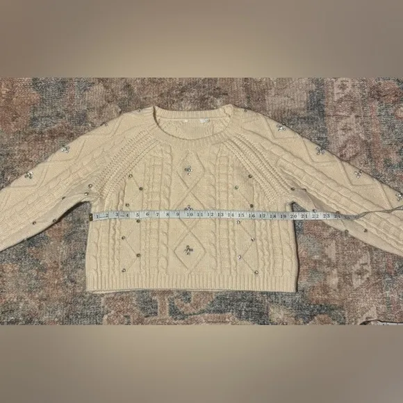 NWOT ANTHROPOLOGIE JEWELED WOOL BLEND CREWNECK SWEATER IN CREAM SIZE MEDIUM