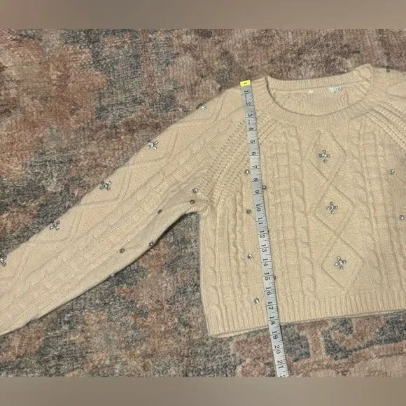 NWOT ANTHROPOLOGIE JEWELED WOOL BLEND CREWNECK SWEATER IN CREAM SIZE MEDIUM