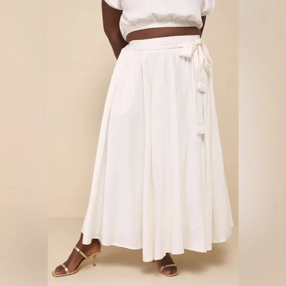 NWT LuLus 2pc Brings You Back Ivory Linen Blend Crop Top Midi Skirt Sz Large
