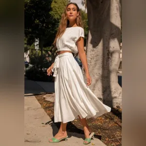 NWT LuLus 2pc Brings You Back Ivory Linen Blend Crop Top Midi Skirt Sz Large