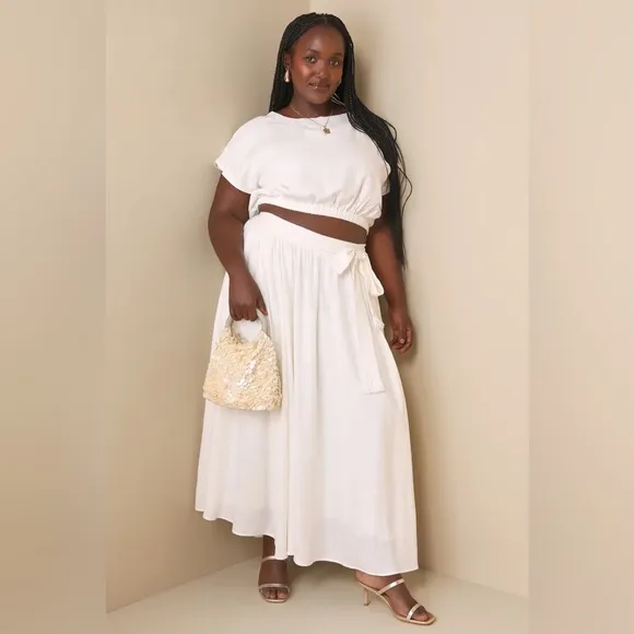 NWT LuLus 2pc Brings You Back Ivory Linen Blend Crop Top Midi Skirt Sz Large