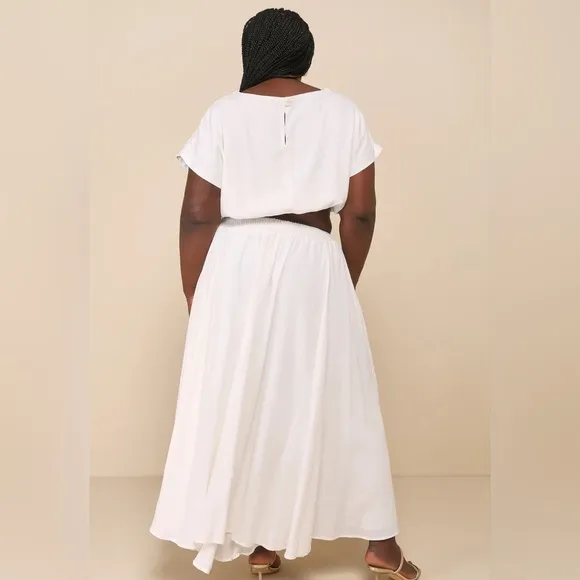 NWT LuLus 2pc Brings You Back Ivory Linen Blend Crop Top Midi Skirt Sz Large