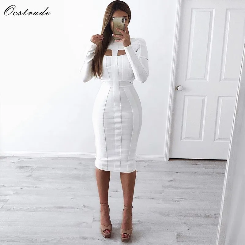 Ocstrade Women White Bandage Dress Bodycon 2020 New Arrivals Sexy Cut Out High Neck Long Sleeve Party Rayon Bandage Midi Dress
