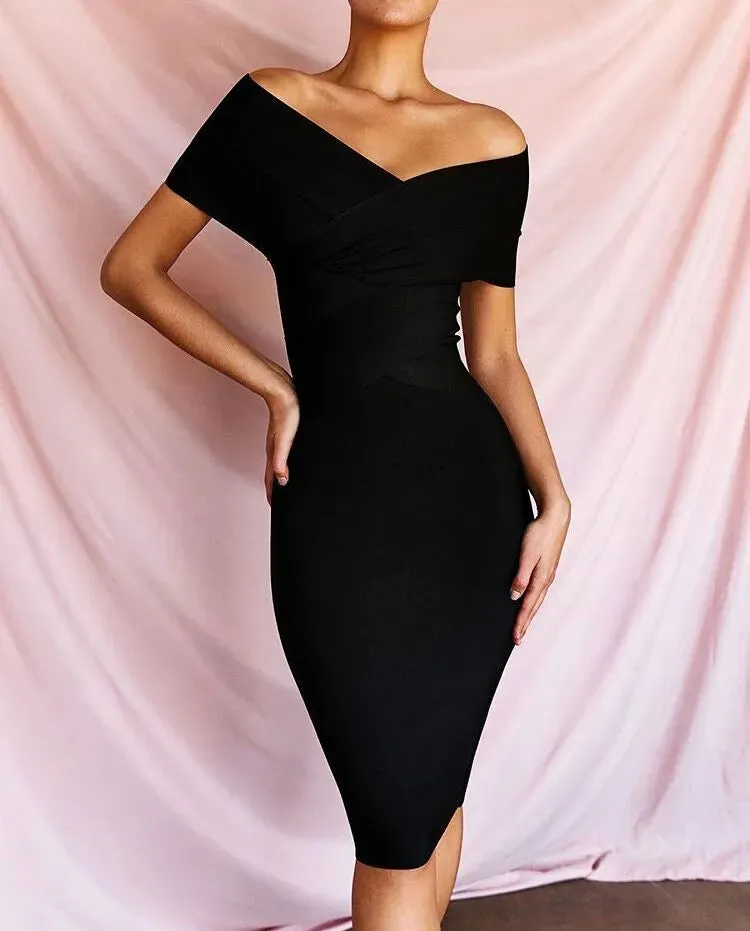 Off Shoulder Bandage Dress Mini V-Neck Long Sleeve Bodycon