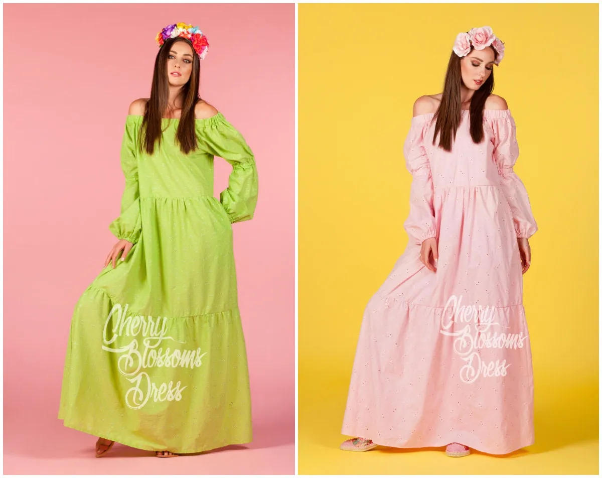Off Shoulder Dress, Lime Green Maxi Dress, Plus Size Dress, Long Boho Dress, Long Sleeve Dress, Bohemian Clothing, Boho Chic Fashion