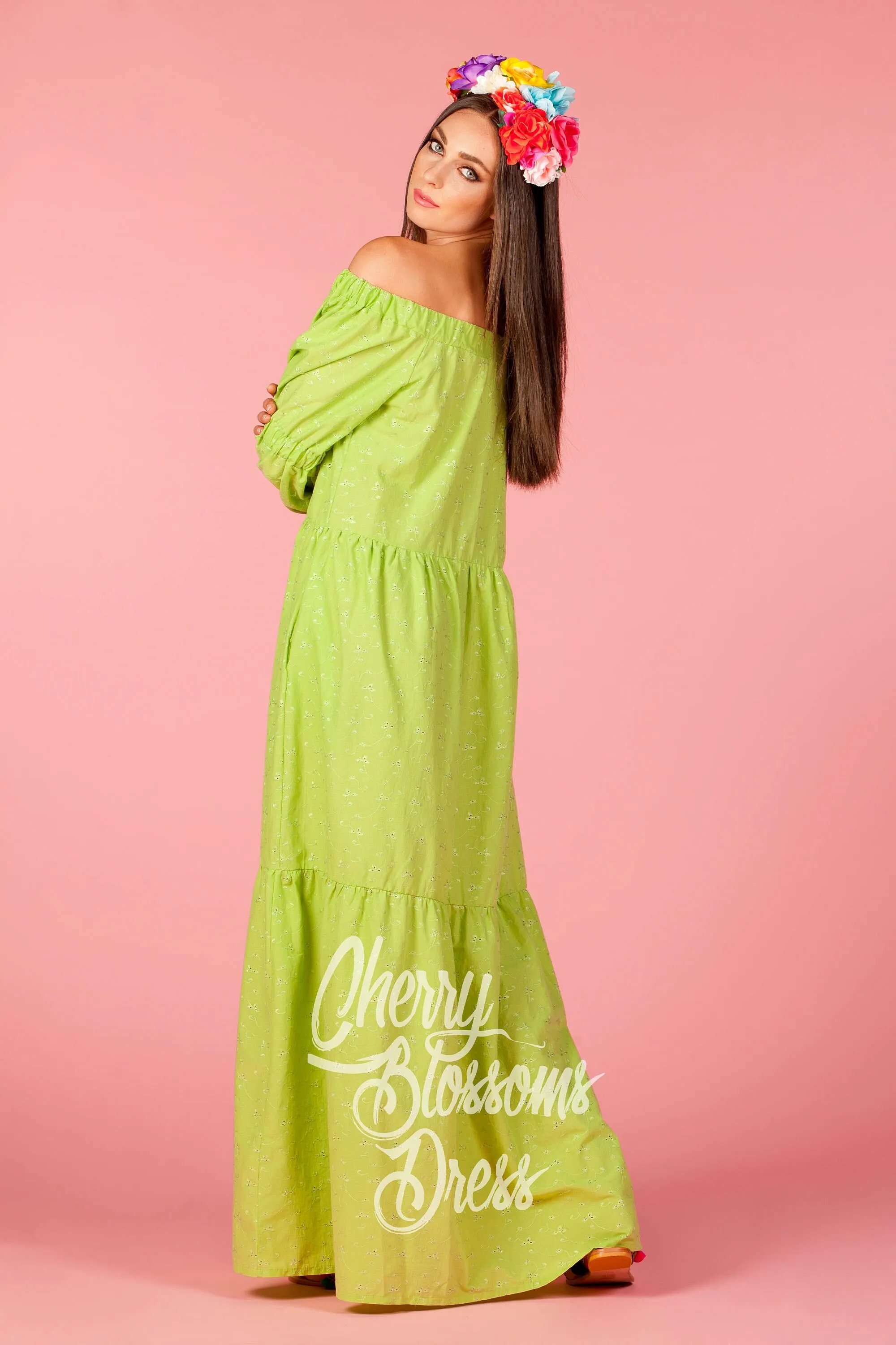Off Shoulder Dress, Lime Green Maxi Dress, Plus Size Dress, Long Boho Dress, Long Sleeve Dress, Bohemian Clothing, Boho Chic Fashion