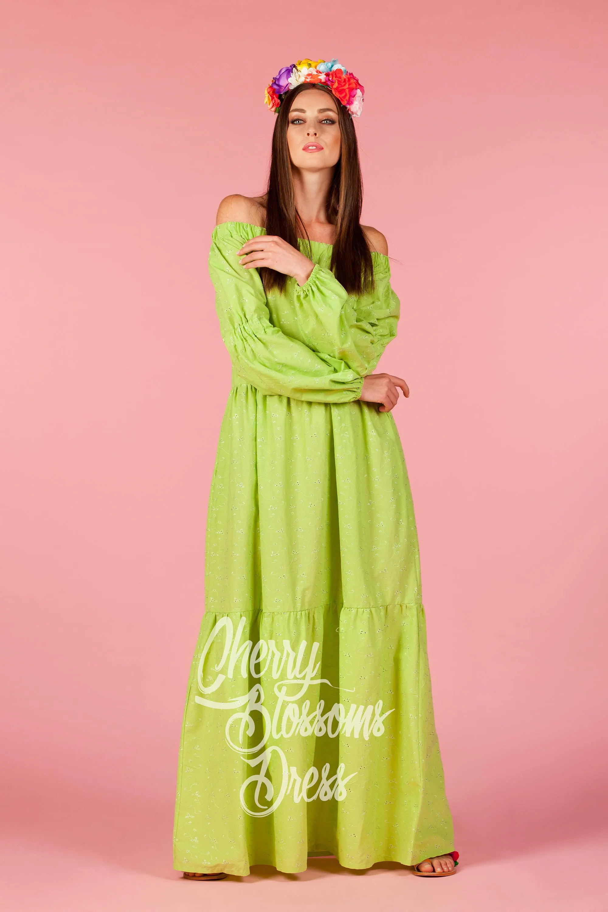 Off Shoulder Dress, Lime Green Maxi Dress, Plus Size Dress, Long Boho Dress, Long Sleeve Dress, Bohemian Clothing, Boho Chic Fashion