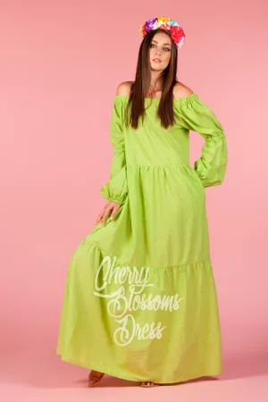 Off Shoulder Dress, Lime Green Maxi Dress, Plus Size Dress, Long Boho Dress, Long Sleeve Dress, Bohemian Clothing, Boho Chic Fashion
