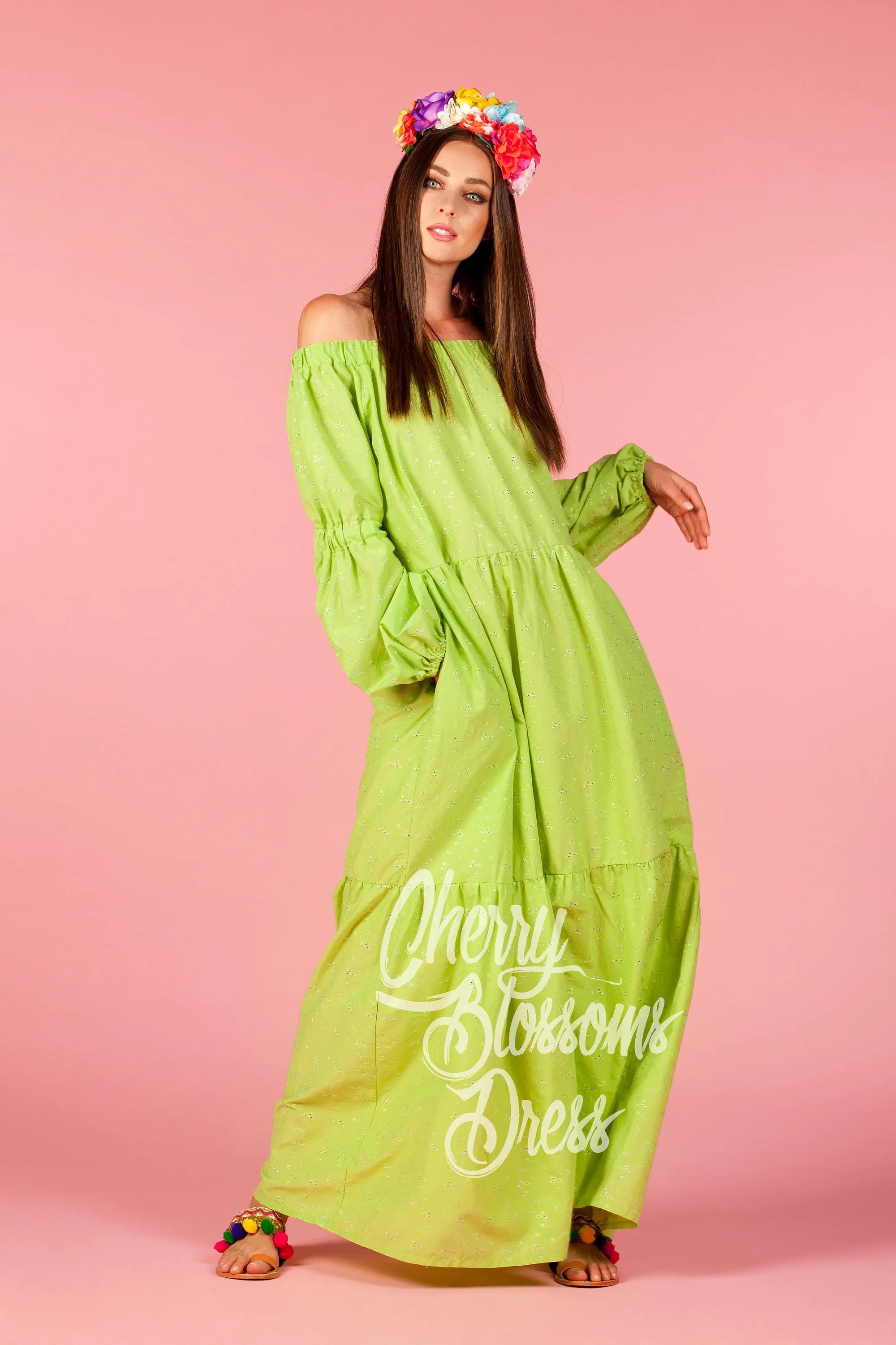 Off Shoulder Dress, Lime Green Maxi Dress, Plus Size Dress, Long Boho Dress, Long Sleeve Dress, Bohemian Clothing, Boho Chic Fashion