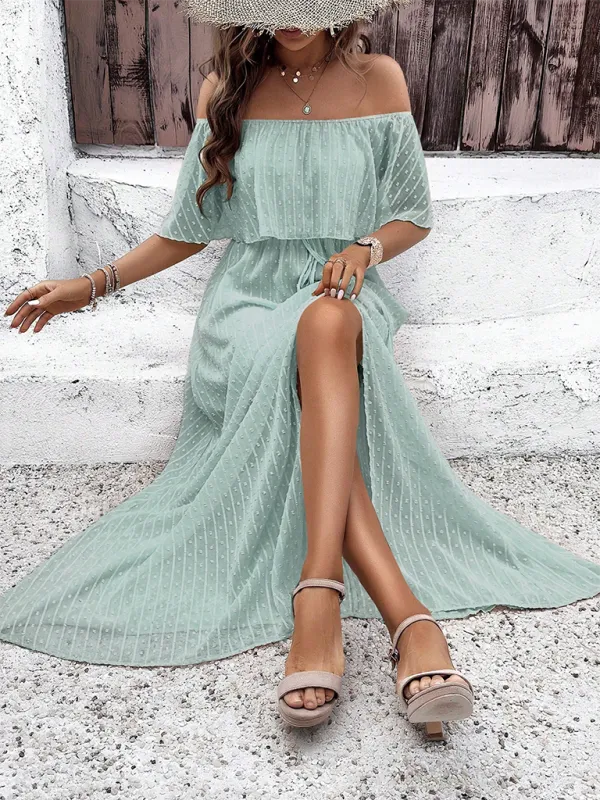 Off-Shoulder Maxi Dress with Polka Dot Print and High Slit