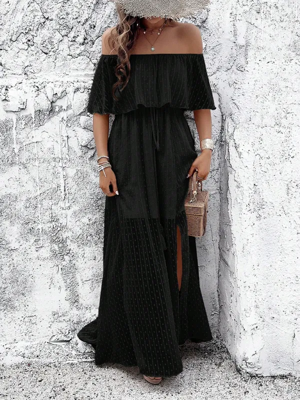 Off-Shoulder Maxi Dress with Polka Dot Print and High Slit