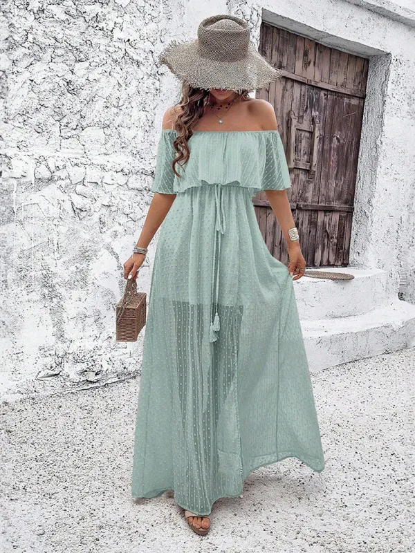 Off-Shoulder Maxi Dress with Polka Dot Print and High Slit
