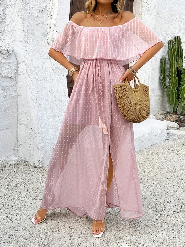 Off-Shoulder Maxi Dress with Polka Dot Print and High Slit