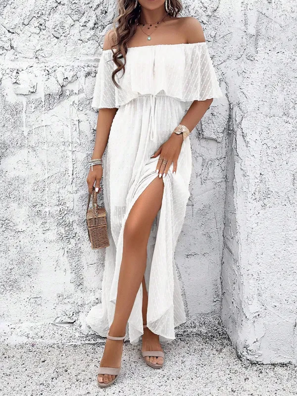 Off-Shoulder Maxi Dress with Polka Dot Print and High Slit