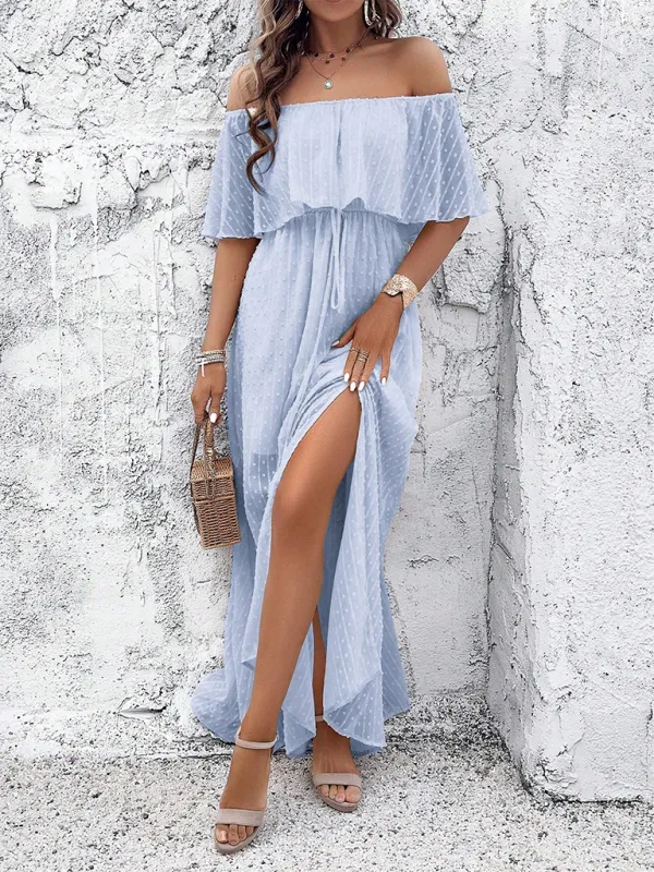 Off-Shoulder Maxi Dress with Polka Dot Print and High Slit