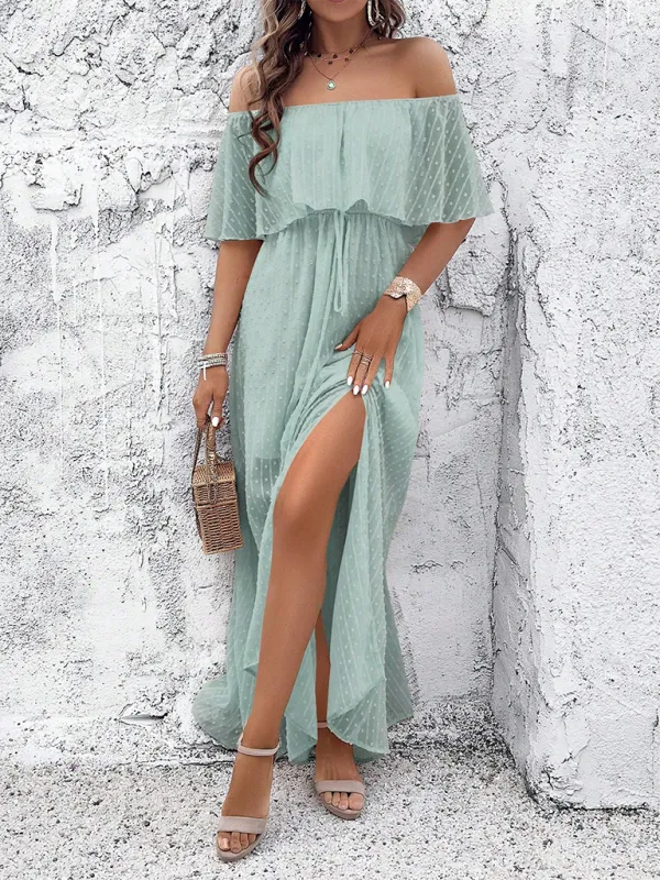 Off-Shoulder Maxi Dress with Polka Dot Print and High Slit