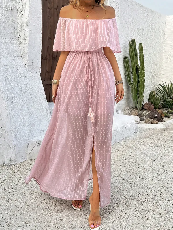 Off-Shoulder Maxi Dress with Polka Dot Print and High Slit