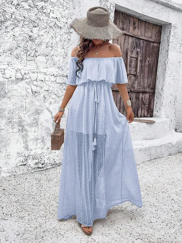 Off-Shoulder Maxi Dress with Polka Dot Print and High Slit