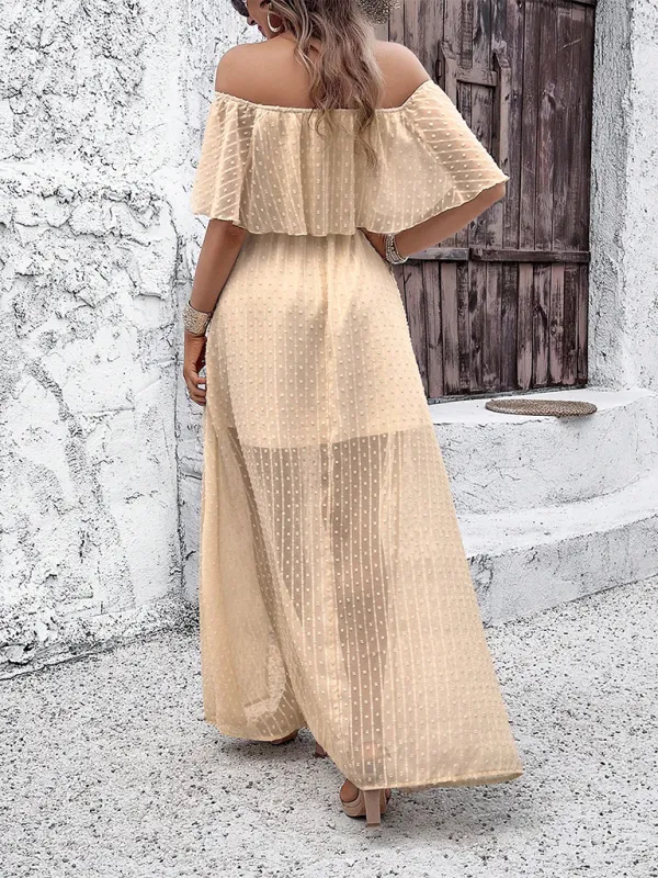 Off-Shoulder Maxi Dress with Polka Dot Print and High Slit