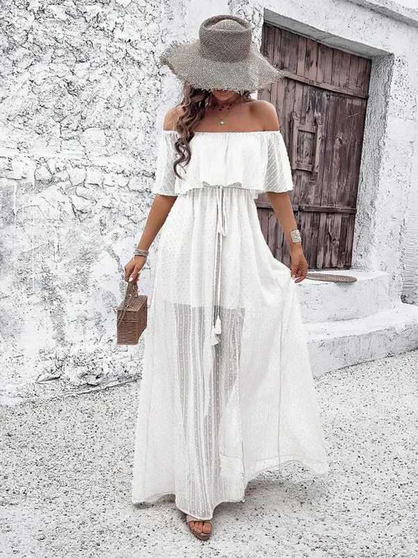 Off-Shoulder Maxi Dress with Polka Dot Print and High Slit