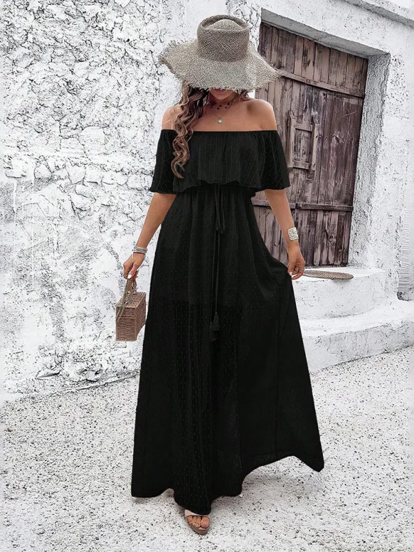 Off-Shoulder Maxi Dress with Polka Dot Print and High Slit