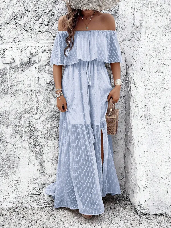 Off-Shoulder Maxi Dress with Polka Dot Print and High Slit