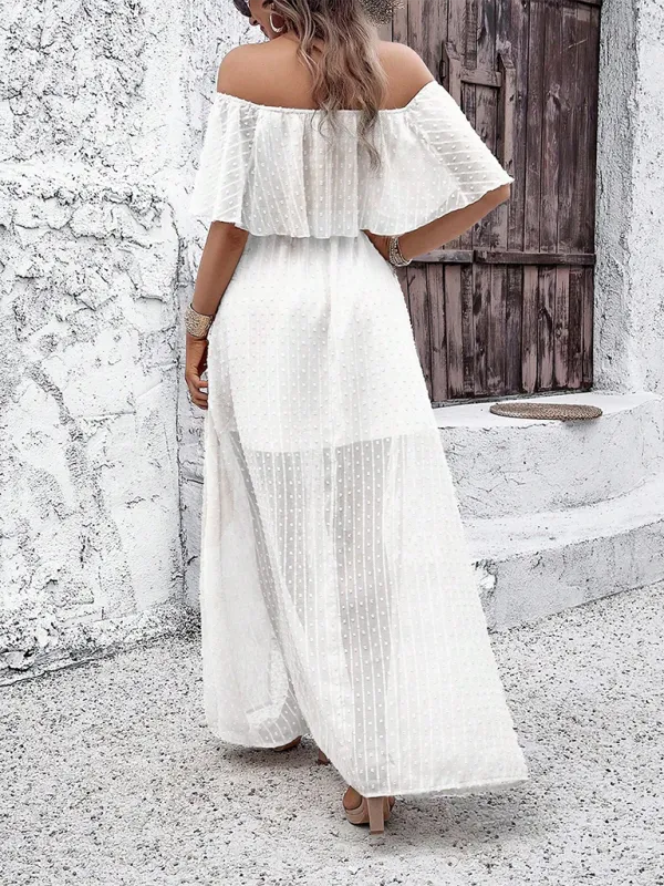 Off-Shoulder Maxi Dress with Polka Dot Print and High Slit