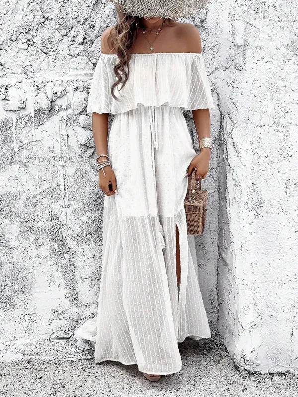 Off-Shoulder Maxi Dress with Polka Dot Print and High Slit