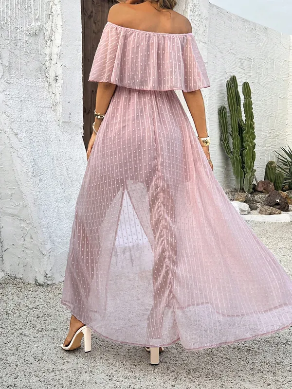 Off-Shoulder Maxi Dress with Polka Dot Print and High Slit