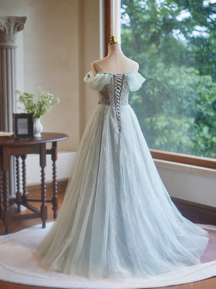 Off Shoulder Tulle A-Line Green Long Prom Dress, Green Long Formal Dress