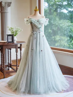 Off Shoulder Tulle A-Line Green Long Prom Dress, Green Long Formal Dress