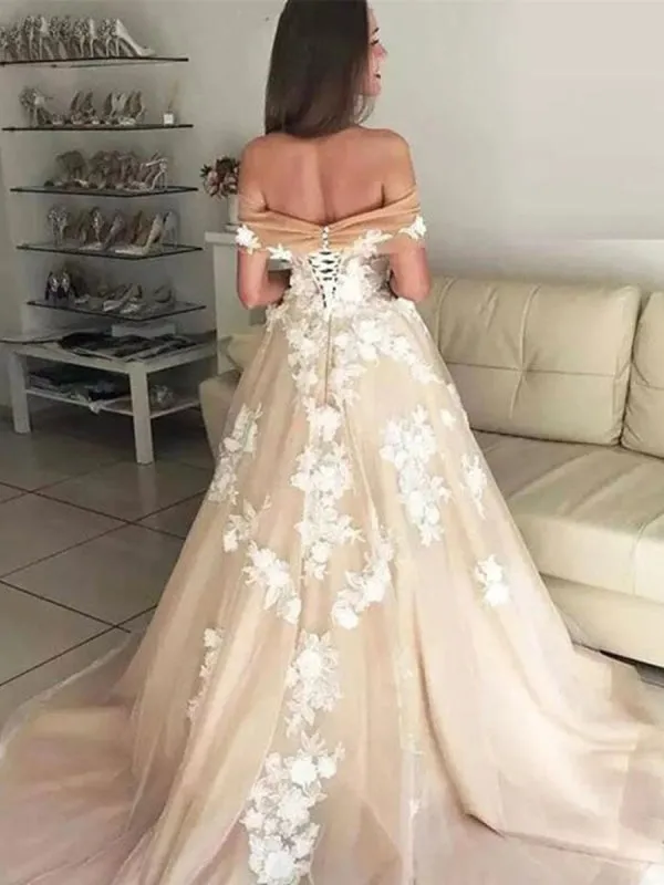 Off Shoulder White Lace Appliques Champagne Prom Wedding, Off Shoulder Champagne Formal, Champagne Evening
