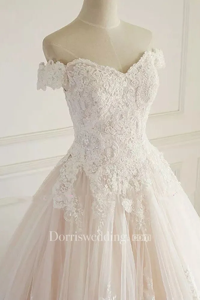 Off-the-shoulder A-line Floor-length Chapel Train Sleeveless Lace Tulle Wedding Dress with Lace-up Back