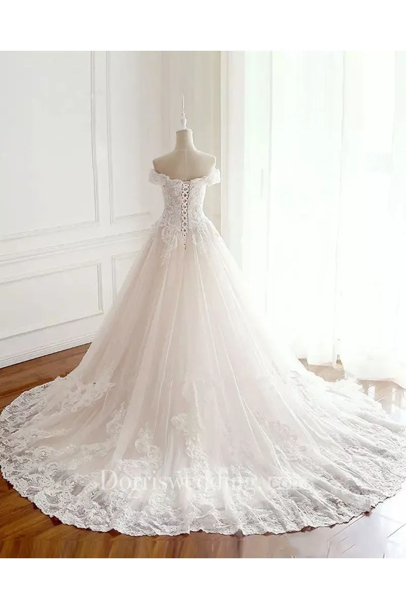 Off-the-shoulder A-line Floor-length Chapel Train Sleeveless Lace Tulle Wedding Dress with Lace-up Back