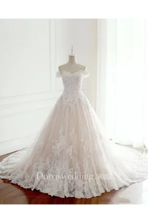 Off-the-shoulder A-line Floor-length Chapel Train Sleeveless Lace Tulle Wedding Dress with Lace-up Back