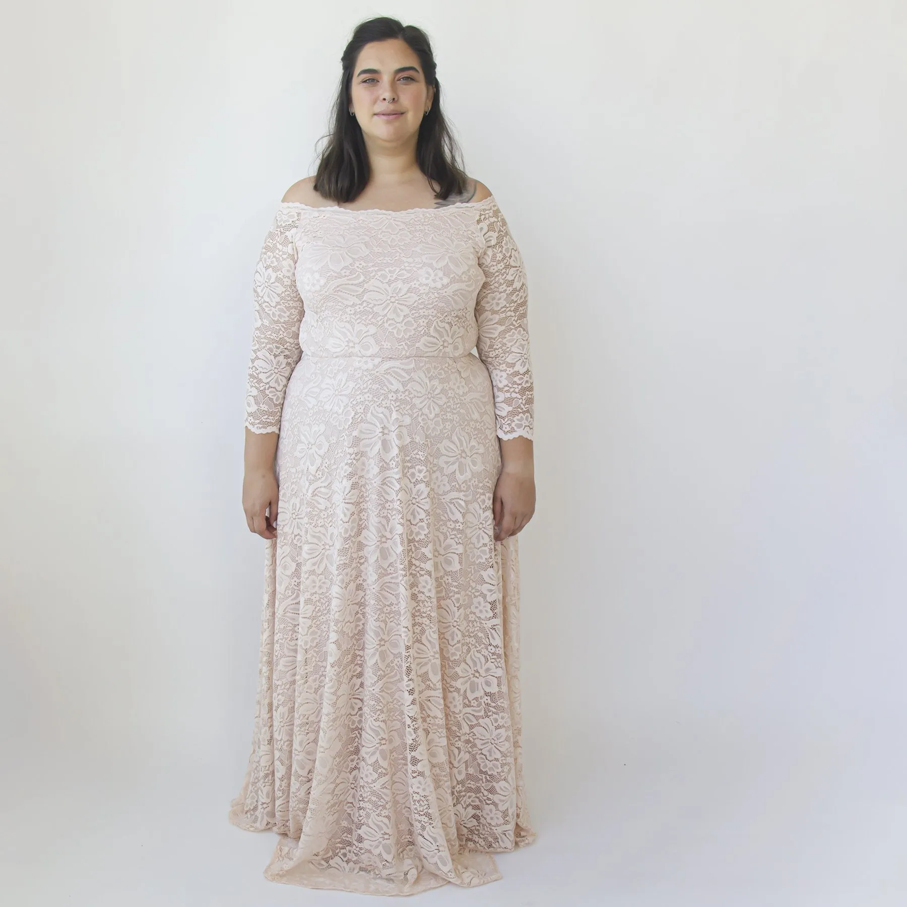 Off-The-Shoulder Blush Pink Lace Dress #1340