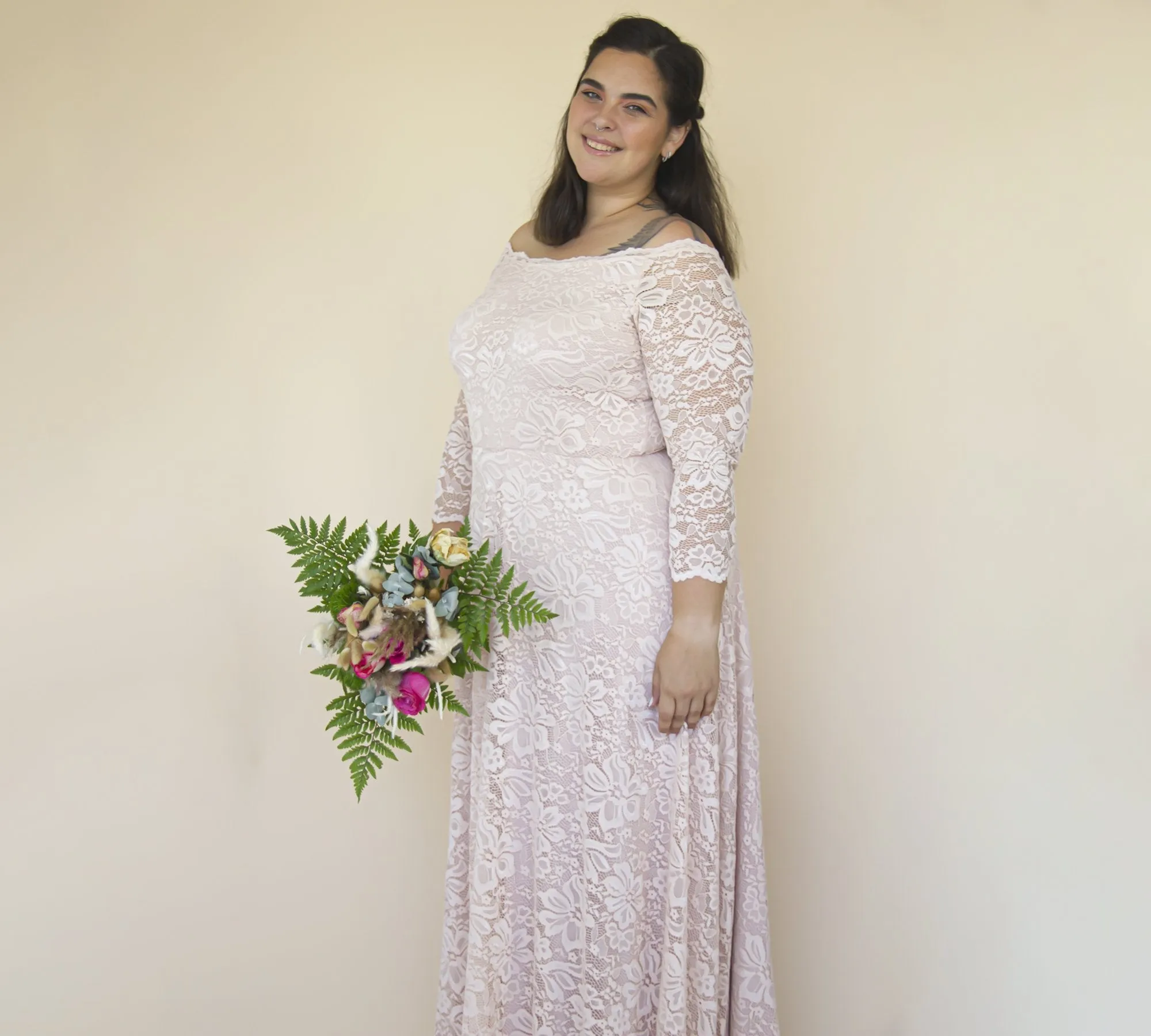 Off-The-Shoulder Blush Pink Lace Dress #1340