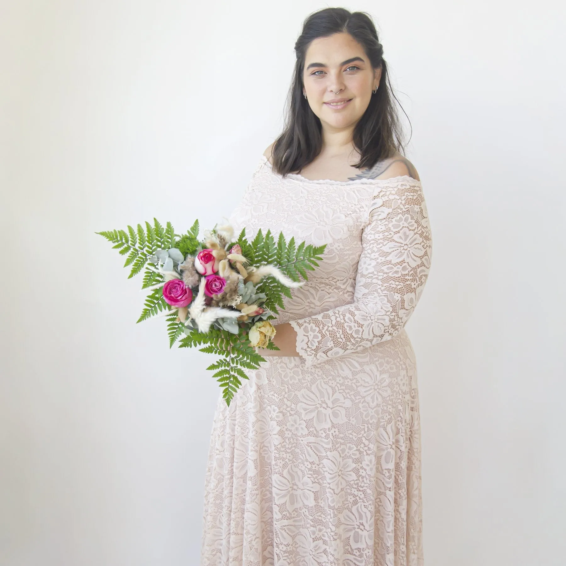 Off-The-Shoulder Blush Pink Lace Dress #1340