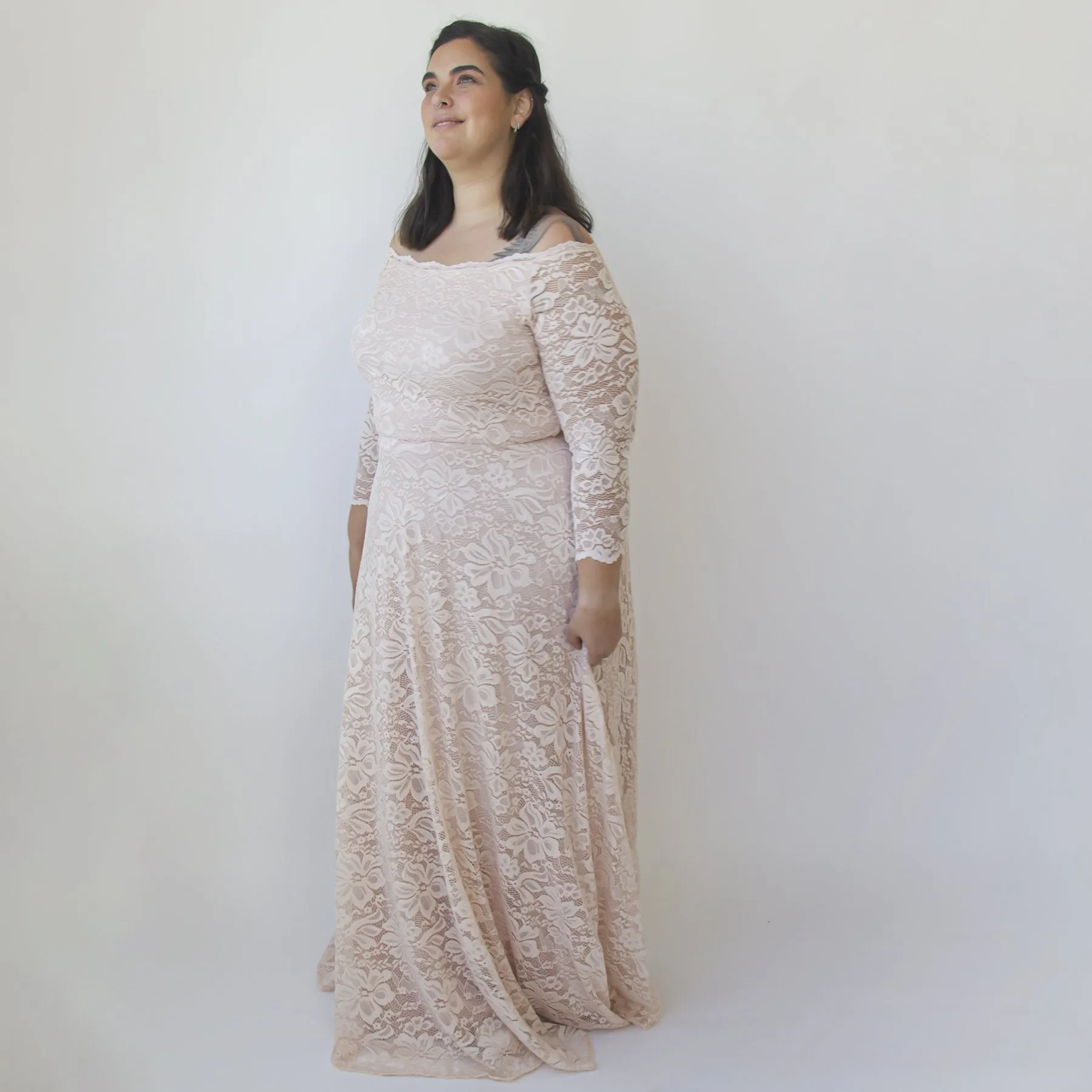 Off-The-Shoulder Blush Pink Lace Dress #1340