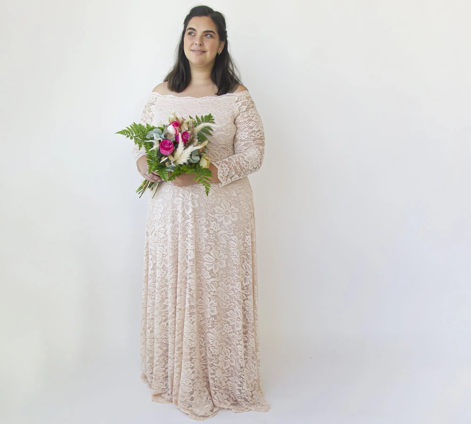 Off-The-Shoulder Blush Pink Lace Dress #1340