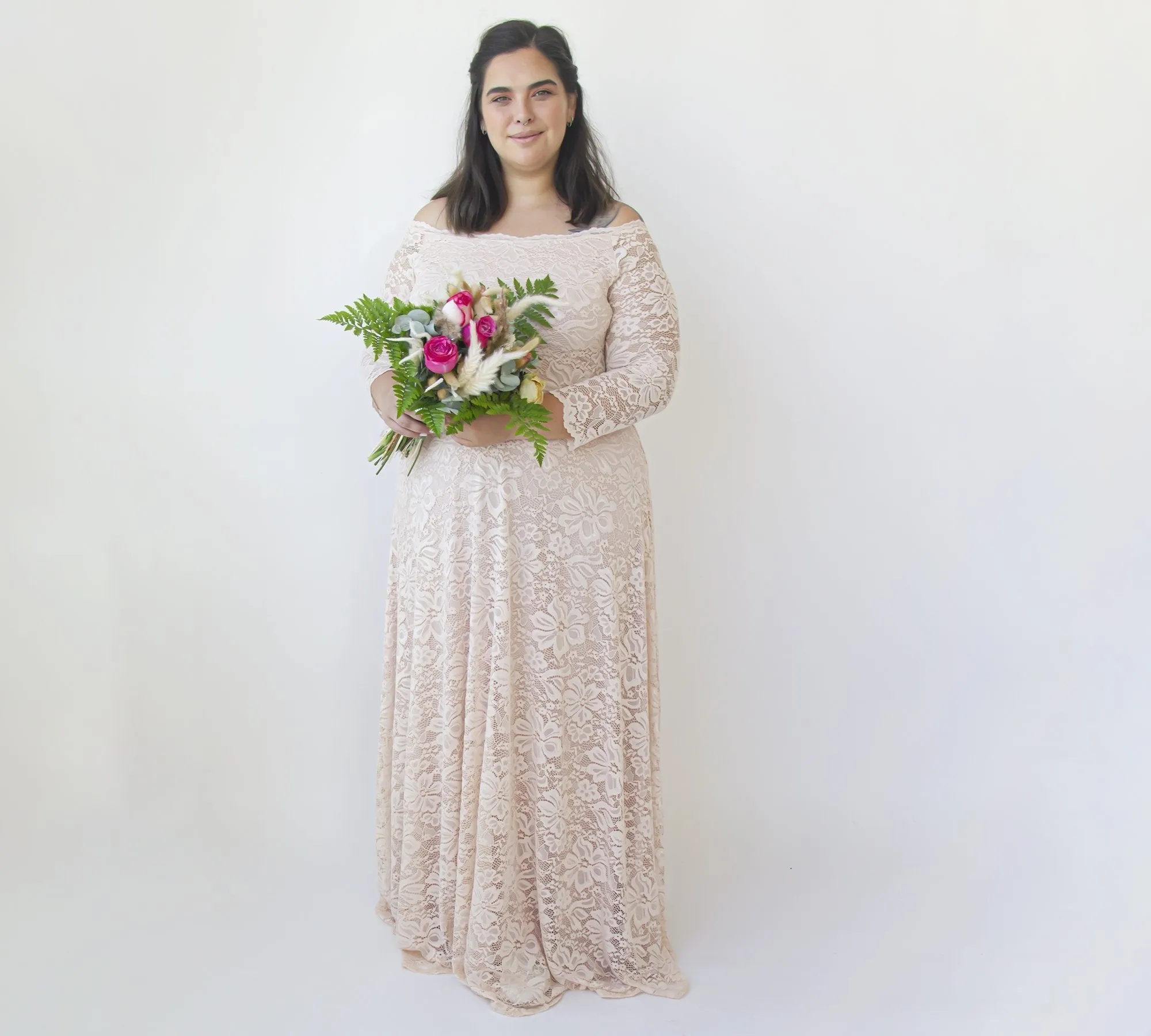 Off-The-Shoulder Blush Pink Lace Dress #1340